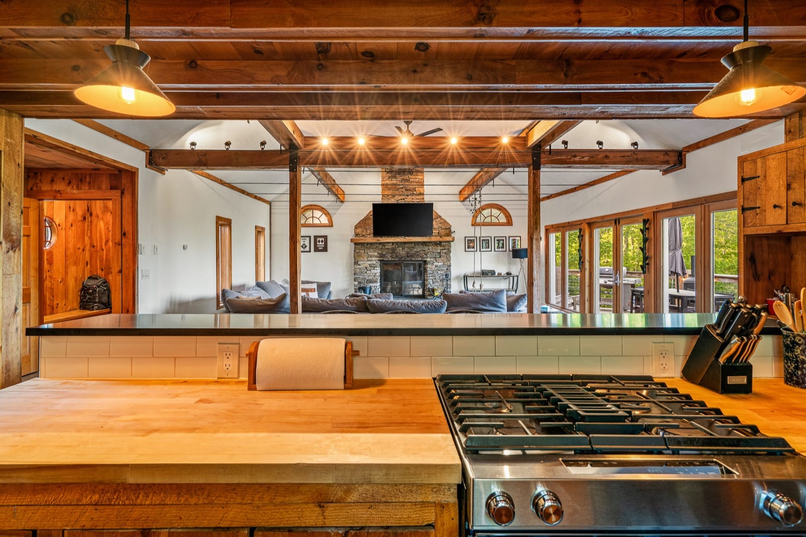 Shred Shack open kitchen and great room with stone fireplace