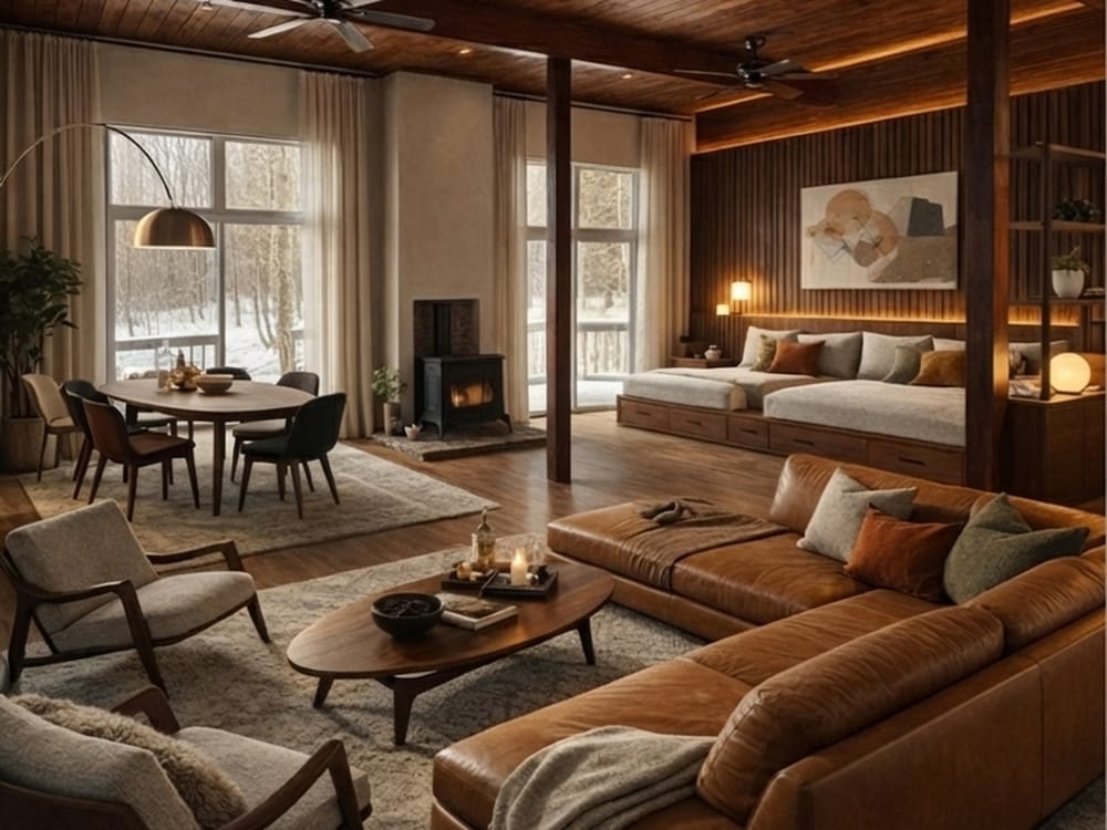 Open-plan living room at Stratton Mod with a wood ceiling, wood stove and leather sectional